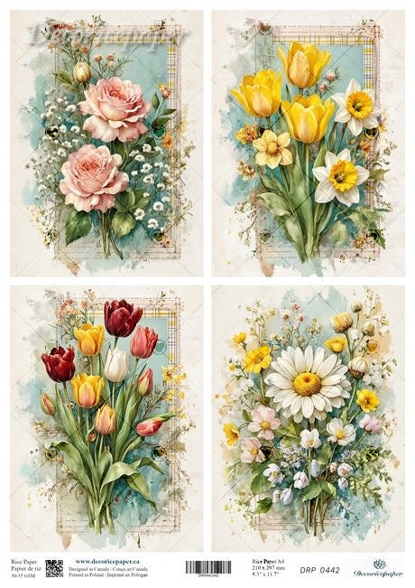 Set of four floral designs with roses, tulips, daisies, and other flowers