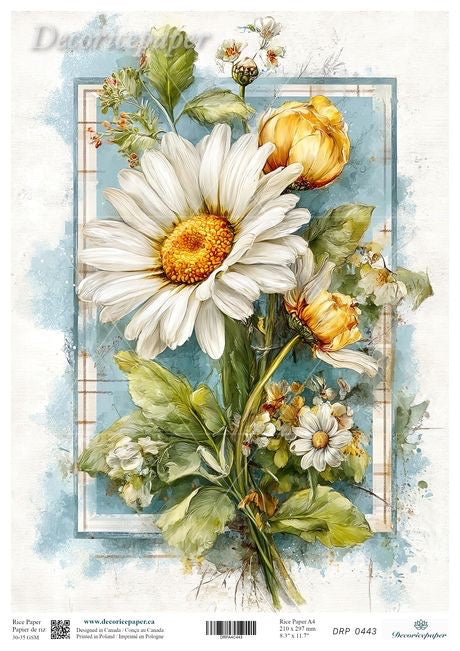 Decorative paper sheet with a floral design featuring daisies and other flowers on a light blue background.