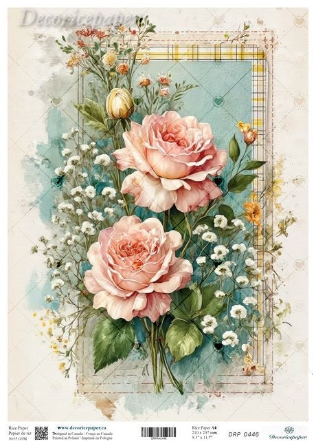 Vintage-style floral design with pink roses and greenery on a textured background