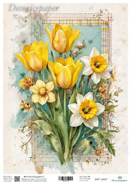 Decorative paper with yellow tulips and white daffodils on a textured background