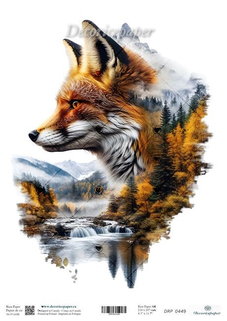 Digital paper with a fox's head and a scenic landscape of trees and waterfalls.