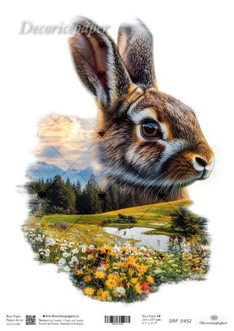 Hare with a scenic background of mountains and flowers