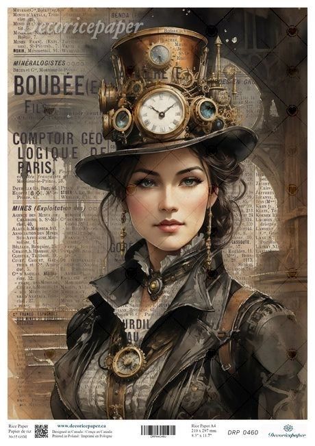 Steampunk-themed artwork with a person wearing a detailed hat and goggles against a vintage newspaper background.