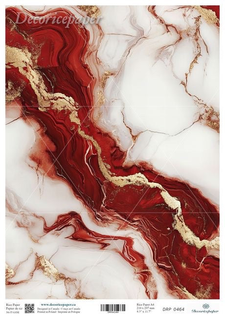 Marble-like paper with red, white, and gold patterns