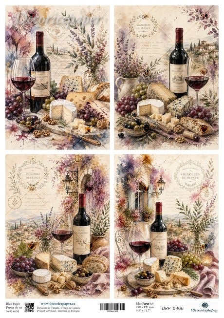 Collage of vintage-style wine-themed illustrations, each showing wine bottles, glasses of red wine, grapes, cheese, bread, and floral arrangements on a soft beige background.