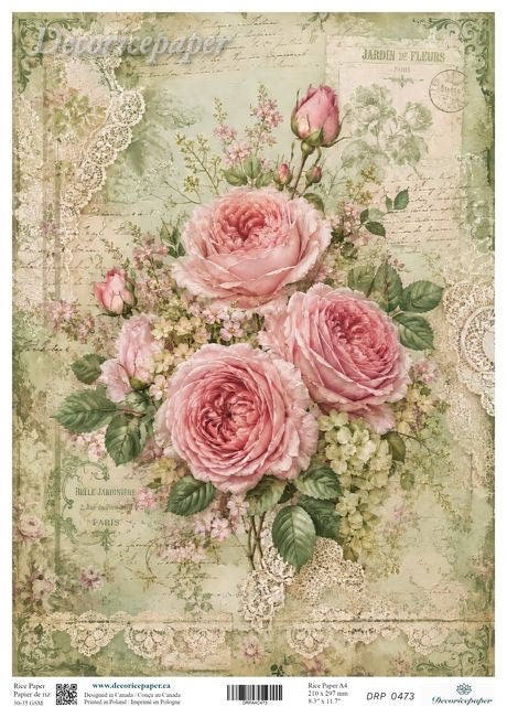 Vintage-style floral paper design featuring pink roses, green leaves, lace borders, and aged script on a light green background.