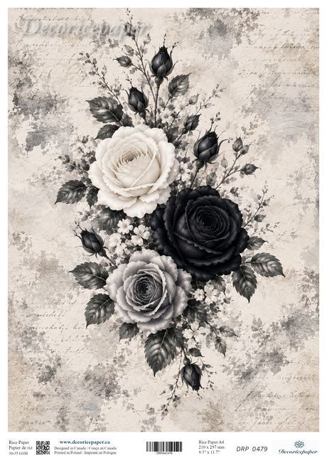 A vintage-style floral print featuring three roses in black, white, and gray tones on a distressed beige background with faint script text and decorative border details.