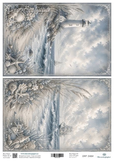A double-sided paper art sheet featuring a winter coastal lighthouse scene in muted blue-gray and white tones. The top panel shows a snowy shoreline with palm trees, seashells, and a lighthouse under a cloudy sky.