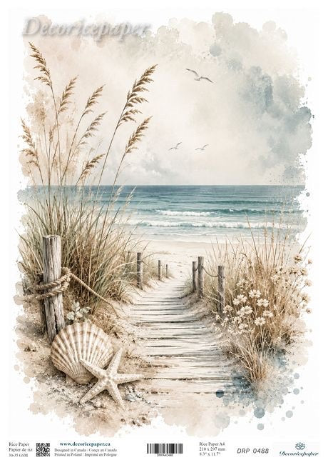 Beach-themed decorative paper featuring a watercolour-style scene of a wooden boardwalk leading to the ocean, with dune grass, a seashell, a starfish, and birds in the sky.