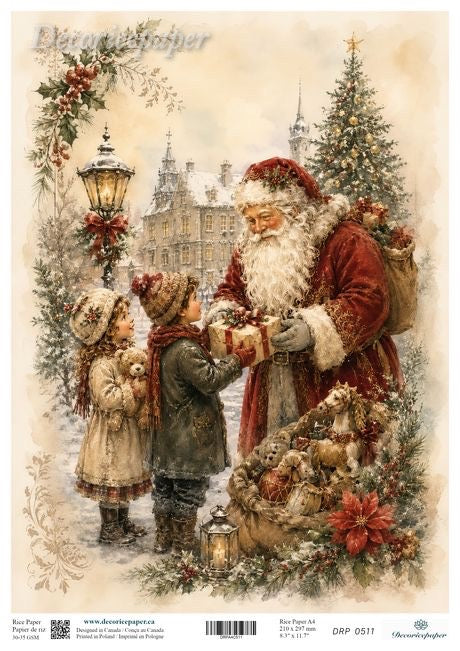 Vintage-style Christmas paper craft design featuring Santa Claus giving a gift to two children in a snowy village scene, with a decorated tree, lamp post, and holiday flowers.