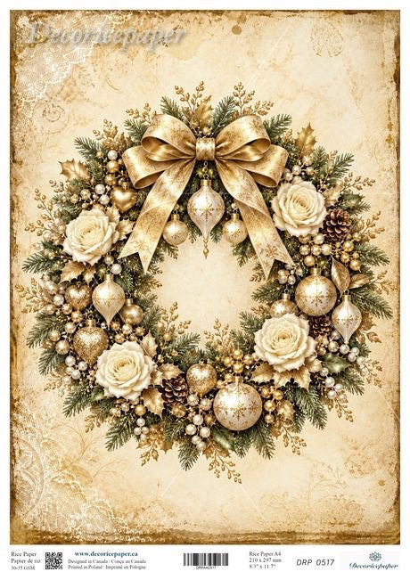 A vintage-style Christmas wreath design on aged beige paper, featuring a large gold bow, white roses, gold ornaments, pinecones, and green evergreen branches.