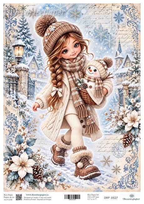 A winter-themed illustrated paper featuring a young girl in a brown knit hat, scarf, coat, and boots, holding a snowman doll. The background shows a snowy village scene with trees, houses, lanterns, and decorative snowflakes and floral elements.