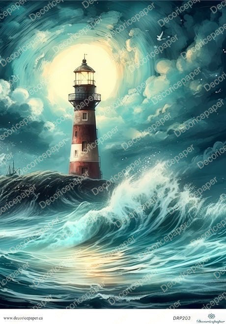 DRP203 - Lighthouse in Stormy Sea - Rice paper A4