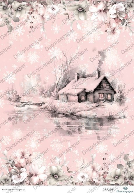 DRP266 - Pink Winter Cottage - Rice Paper A4