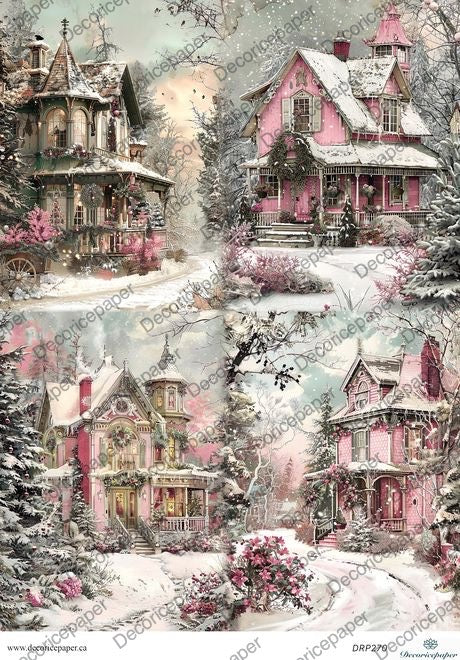 DRP270 - Pink Winter Village - Rice Paper A4