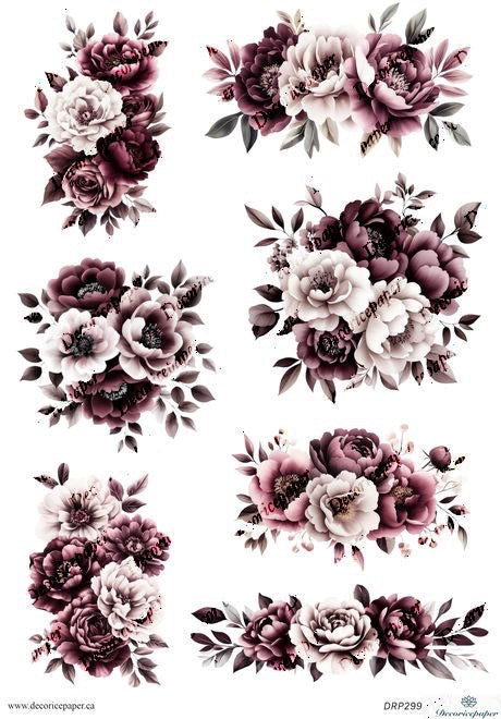 DRP299 - Elegant Burgundy Floral - Rice Paper A4