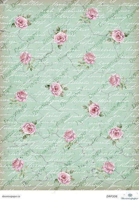 DRP306 - Vintage Love Letter and Roses Rice Paper A4