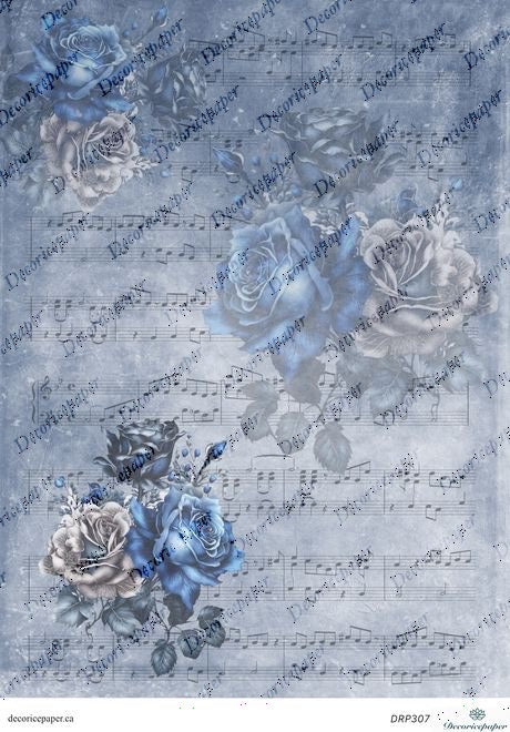 DRP307 - Blue Roses and Music Notes - Rice Paper A4