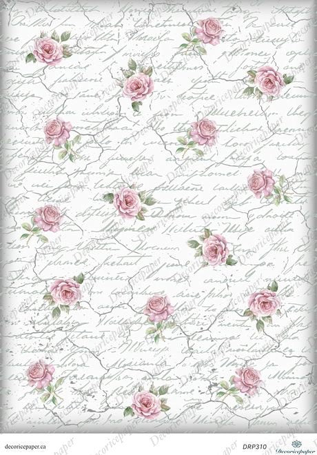 DRP310 - Vintage Roses and Script - Rice Paper A4