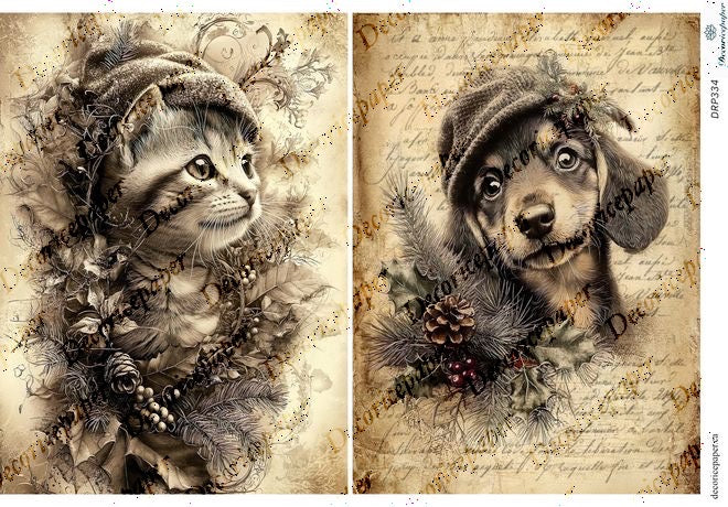 DRP334 - Cat and Dog in Winter Hats Rice Paper A4