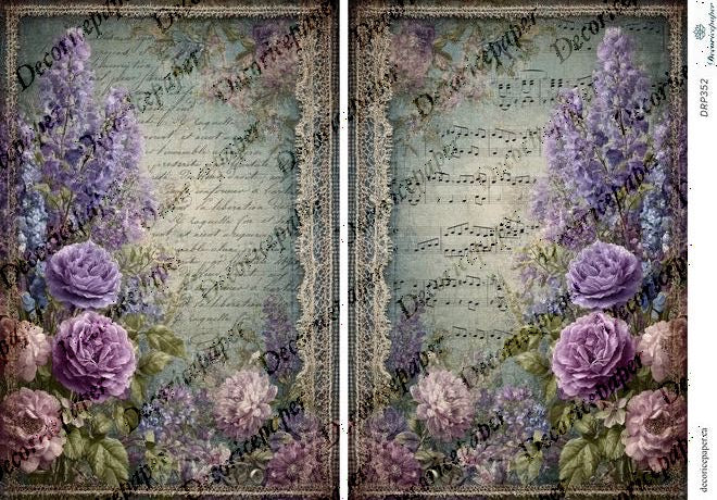 DRP352 - Vintage Purple Blooms - Rice Paper A4