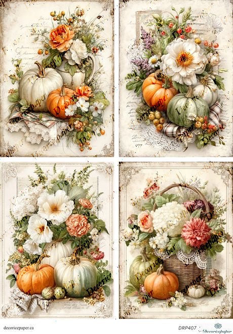 Four autumn-themed images with pumpkins, flowers, and a basket on a decorative background.