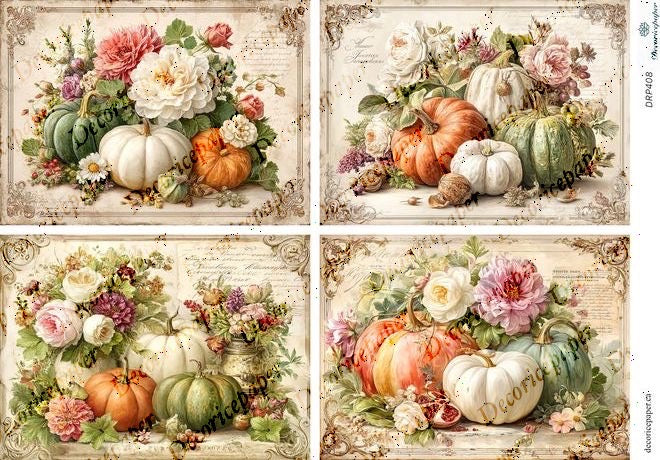 Set of four decorative panels featuring pumpkins and flowers on a vintage-style background.