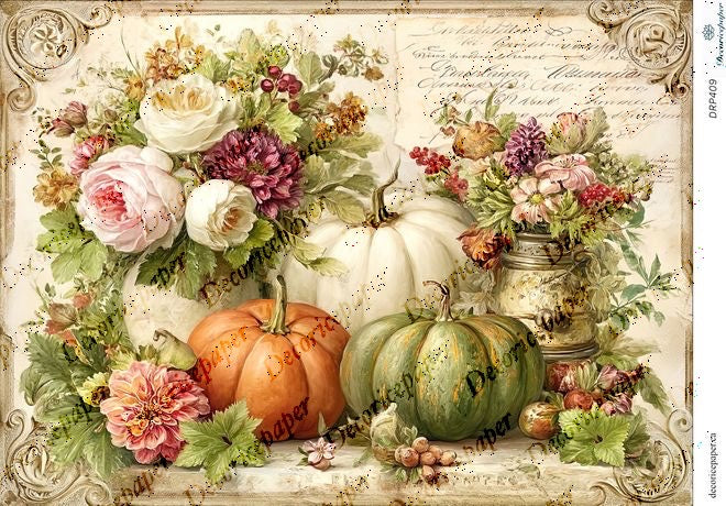Decorative image of pumpkins, flowers, and a vase with text and decorative elements.