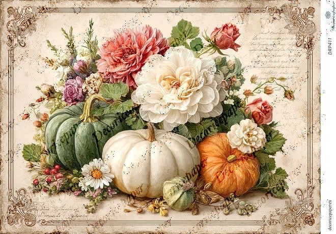 Decorative arrangement of pumpkins and flowers with an ornate frame.
