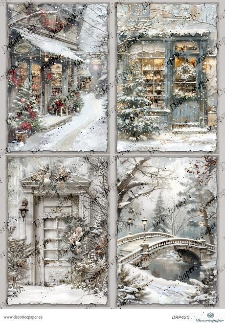 Winter street scenes with snowy shops, a decorated door and a peaceful bridge view.