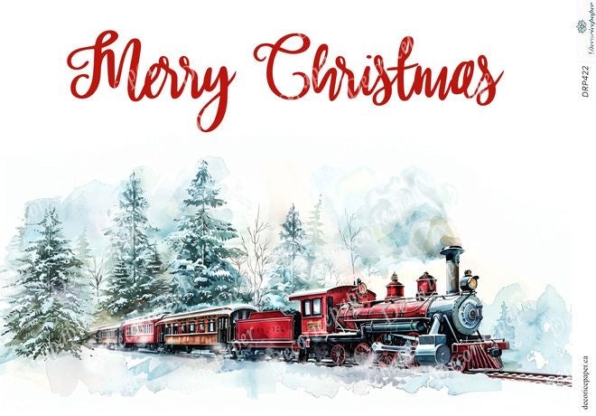 Red steam train on a snowy landscape with 'Merry Christmas' text.