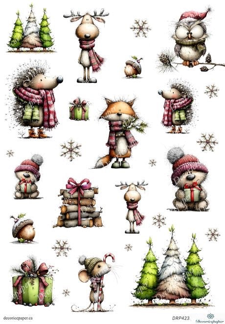 Collection of Christmas-themed illustrations featuring animals and winter elements on a white background.