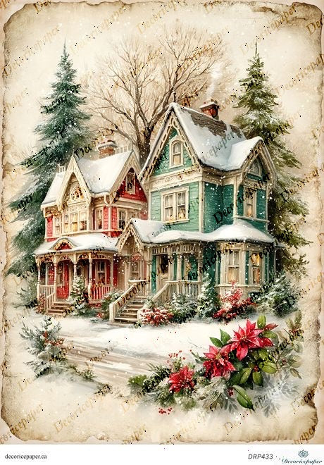 Vintage-style illustration of a snowy village scene with houses and poinsettias.