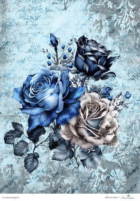 DRP A3 0001 - Elegant Blue Roses - Rice paper A3