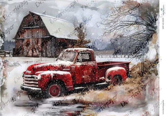 DRP A3 0009 - Vintage Red Truck in Winter - Rice Paper A3