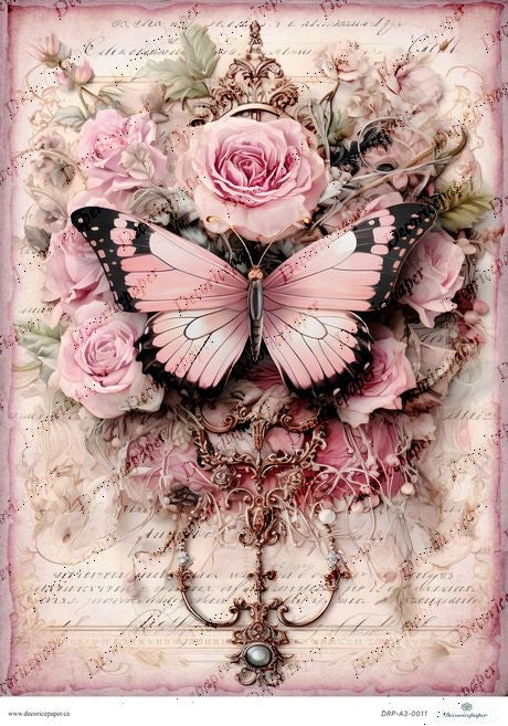 DRP A3 0011 - Pink Butterfly with Roses - Rice Paper A3