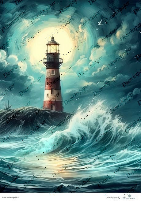 DRP A3 0012 - Lighthouse in Stormy Sea - Rice paper A3