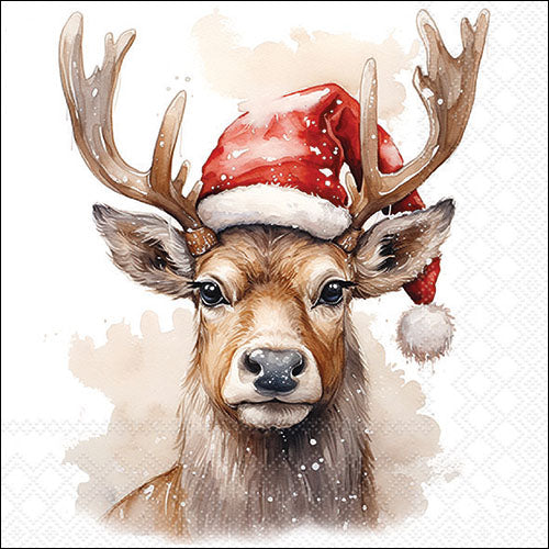 Deer With Santa Hat WHITE - Napkin