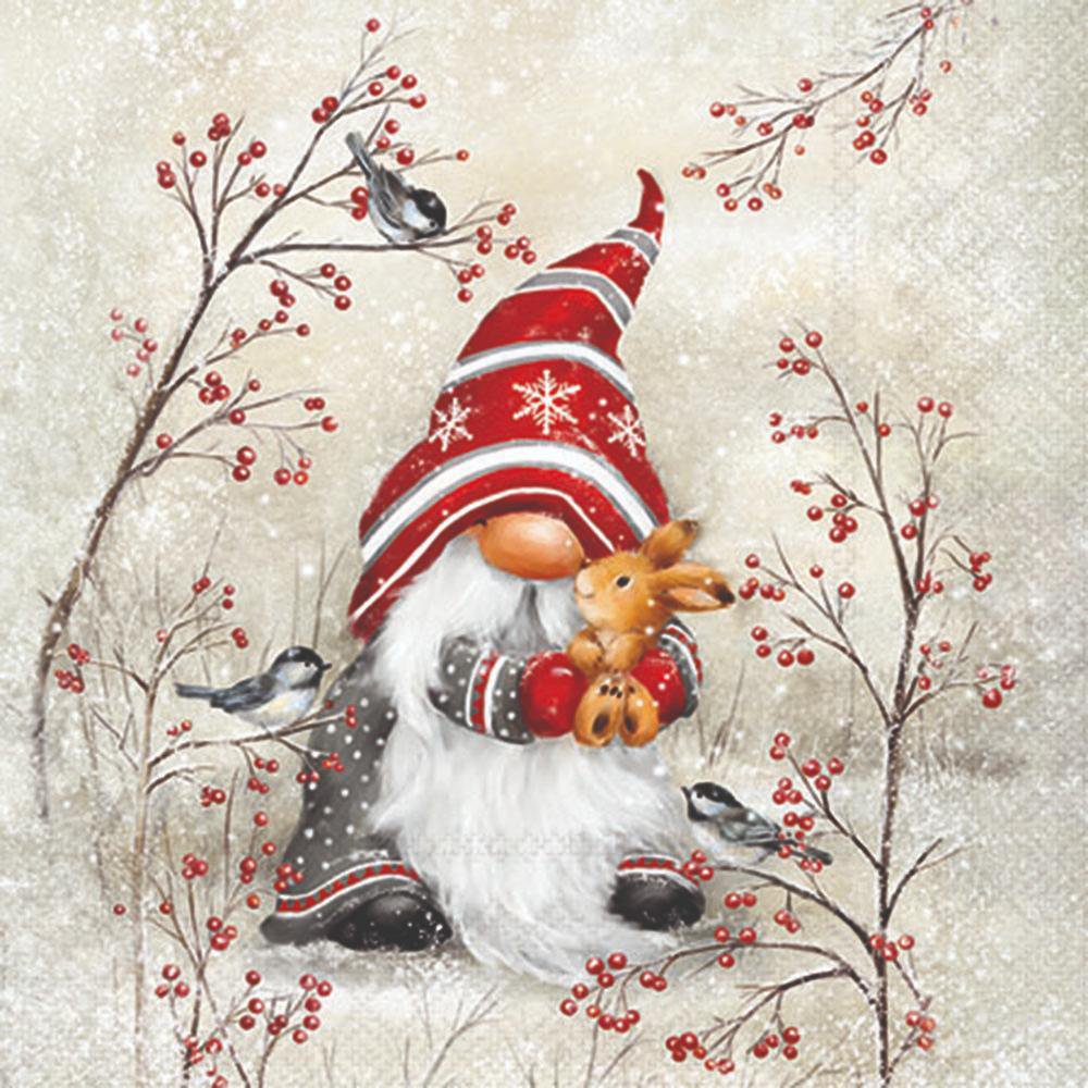 Winter scene with a gnome, birds, and berries on a snowy background