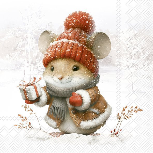 Illustration of a mouse wearing a winter hat and coat, holding a gift, on a snowy background.