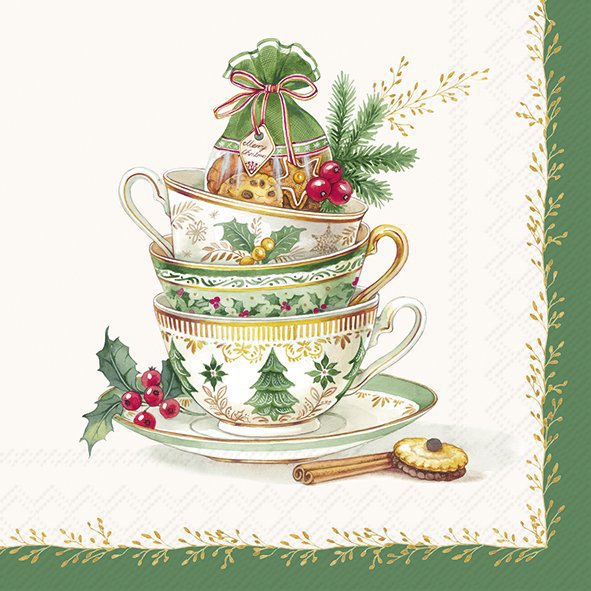 Stack of Christmas-themed teacups with decorative elements on a cream background