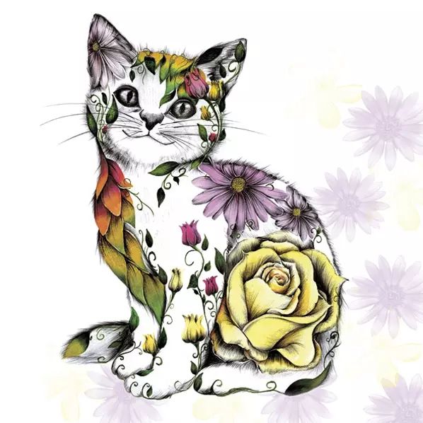 A coloruful illustration of a smiling kitty with floral patterns on its body, surrounded by roses.