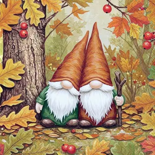 Two forest gnomes with long white beards, sitting among autumn leaves, trees, and red berries.
