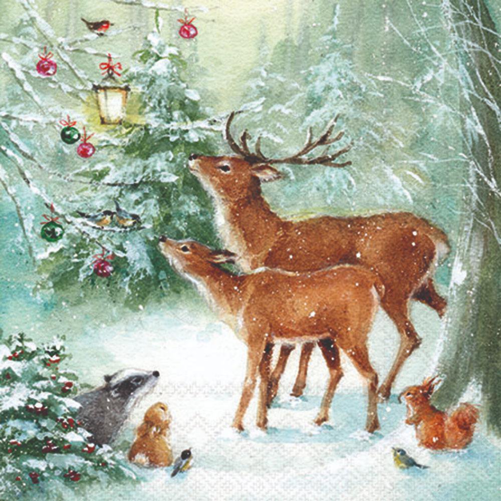 Two deer in a snowy forest with a decorated Christmas tree and other animals.