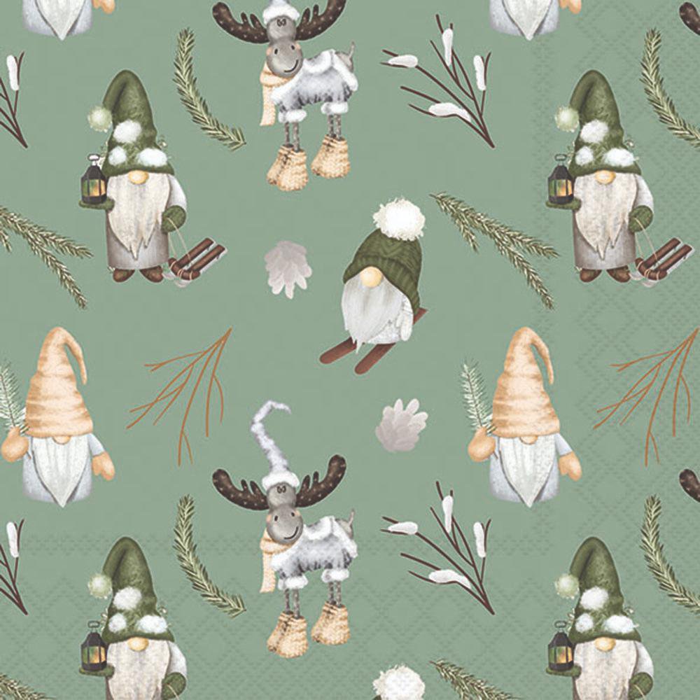 Pattern of gnomes and moose on a green background