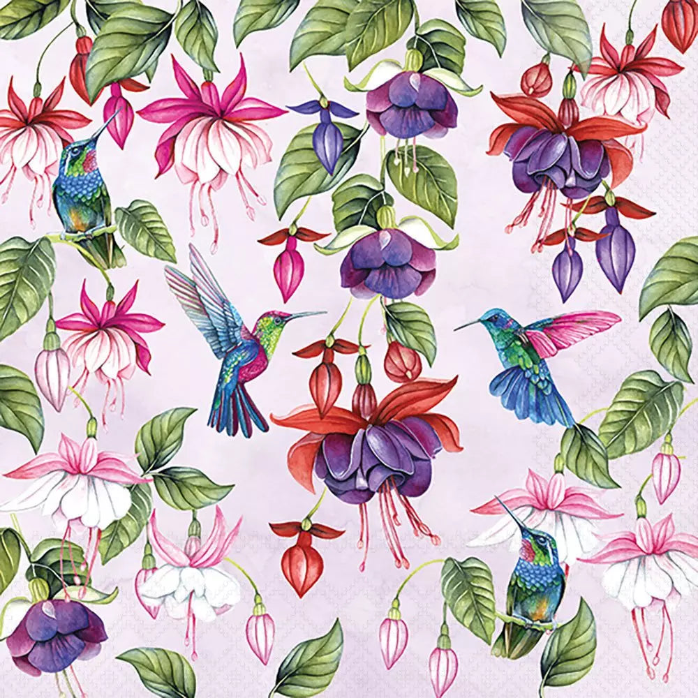 Pattern of colorful hummingbirds and flowers on a pink background