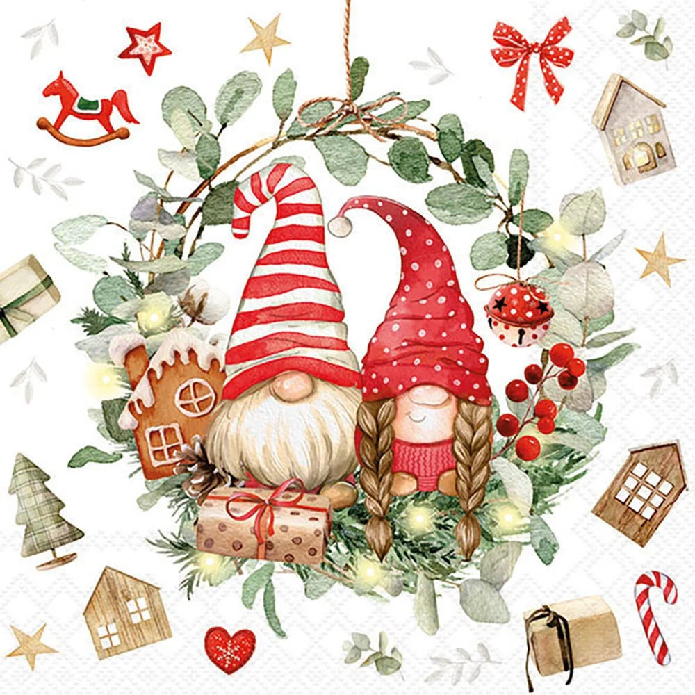 A festive Christmas wreath illustration featuring two gnomes, evergreen branches, red berries, ornaments, stars, candy canes, and small houses on a white background.