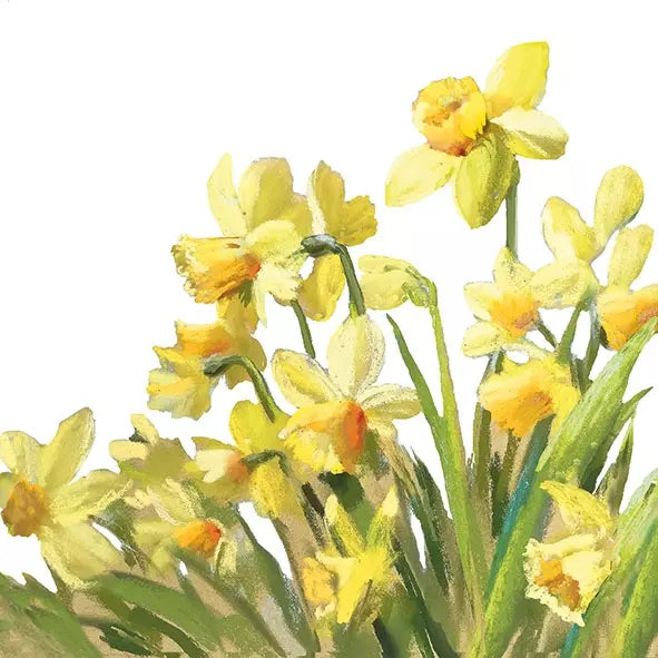 A napkin with a printed floral pattern depicting yellow daffodils.