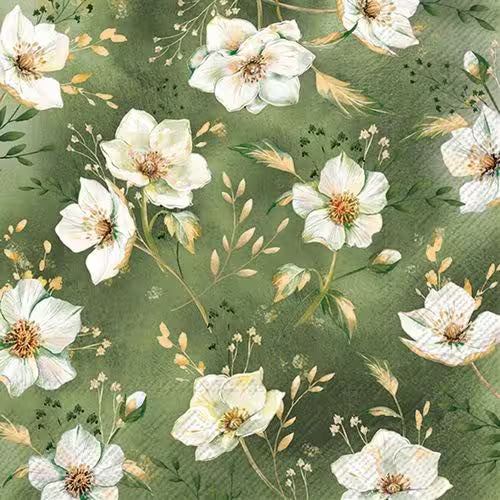 White flowers and delicate golden leaves on green background.