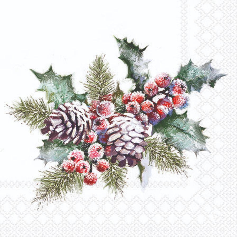Decorative paper napkin with a winter-themed design featuring holly leaves, pinecones, and berries on a white background.